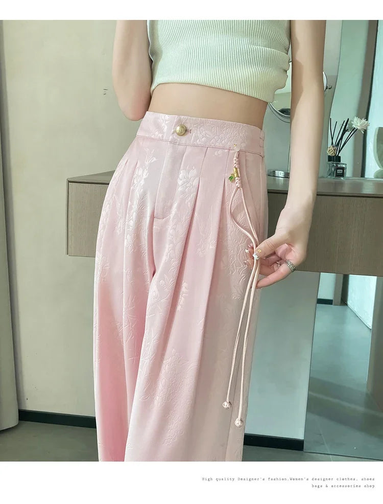 Chinese Style Jacquard Wide Leg Satin Pants – Women